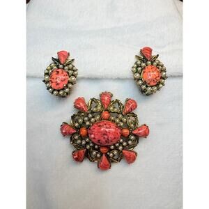 1950s Hollycraft Cabochon and Faux‑pearl Demi‑parure , Brooch and Earrings